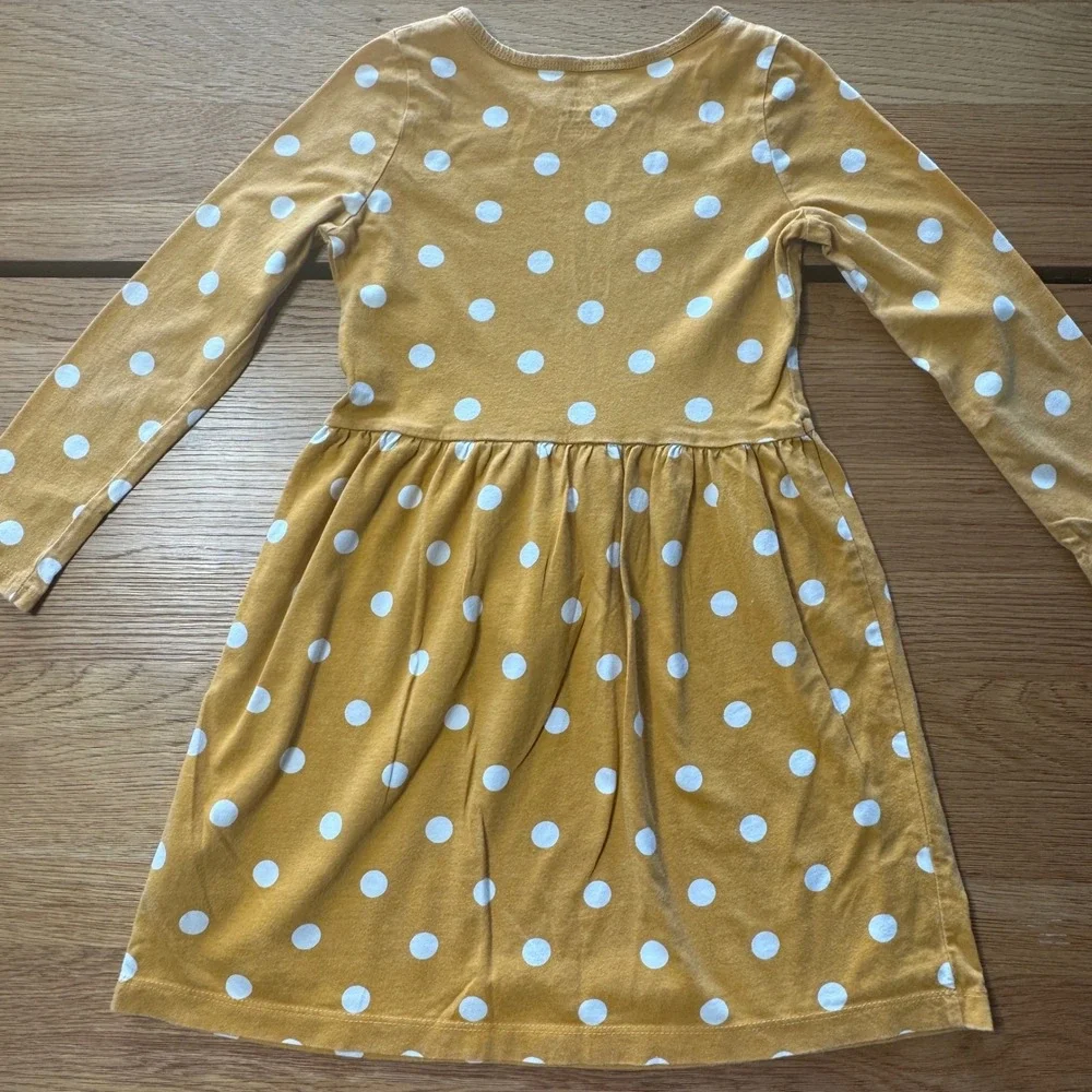 Carters Kid Girls Mustard Yellow White Polka Dot Long Sleeve Jersey Dress 6 6x
